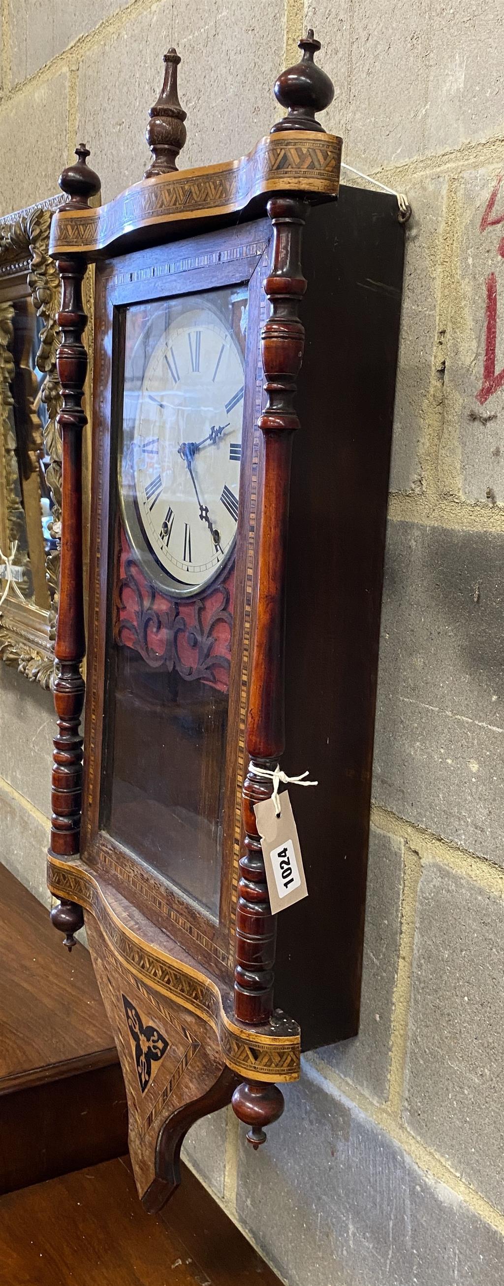 A 19th century American drop dial wall clock, width 40cm, height 90cm
